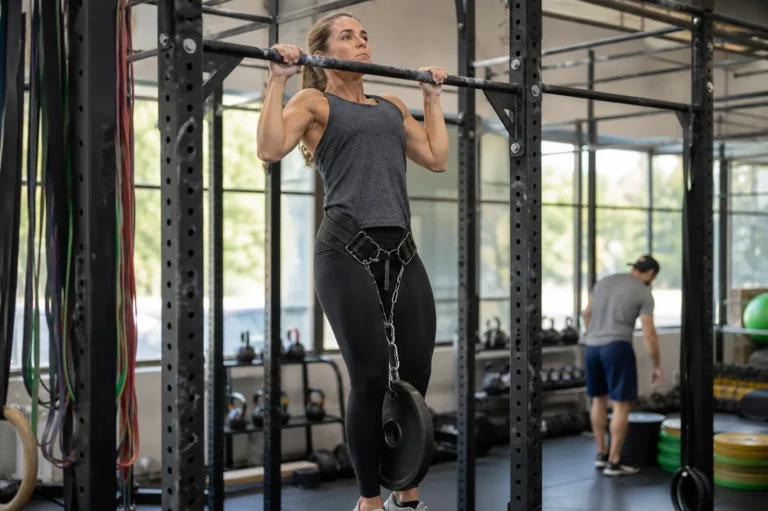 CrossFit athlete performing a controlled weighted pull-up on a rig