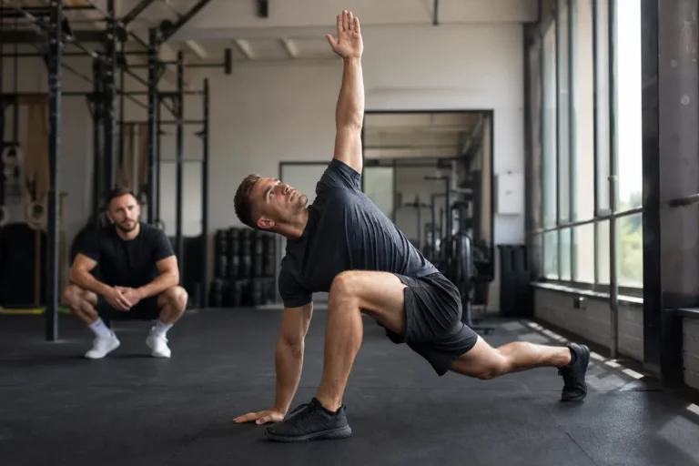 CrossFit athlete doing world's greatest stretch warm-up in a gym