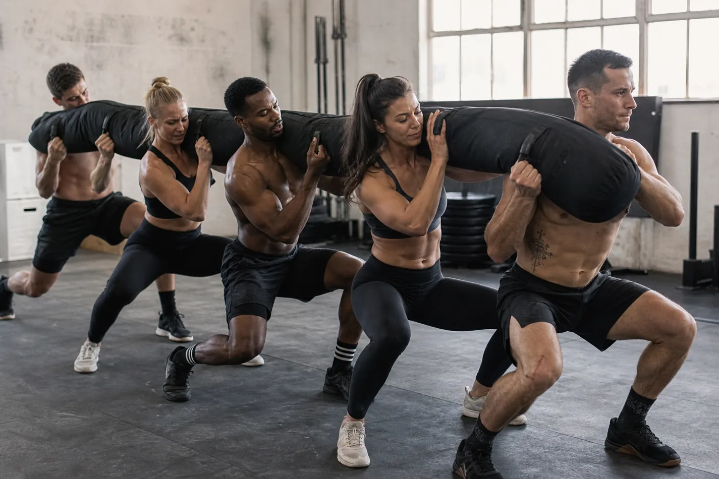CrossFit team practicing synchronized worm cleans in a functional fitness gym