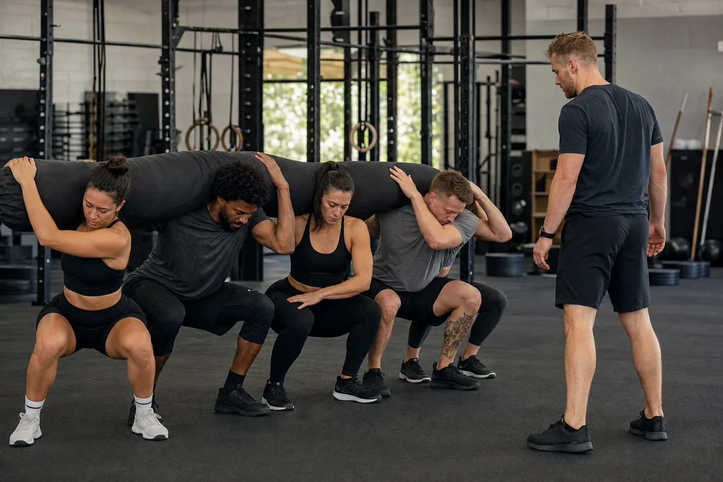 CrossFit team practicing worm clean timing and shoulder positions