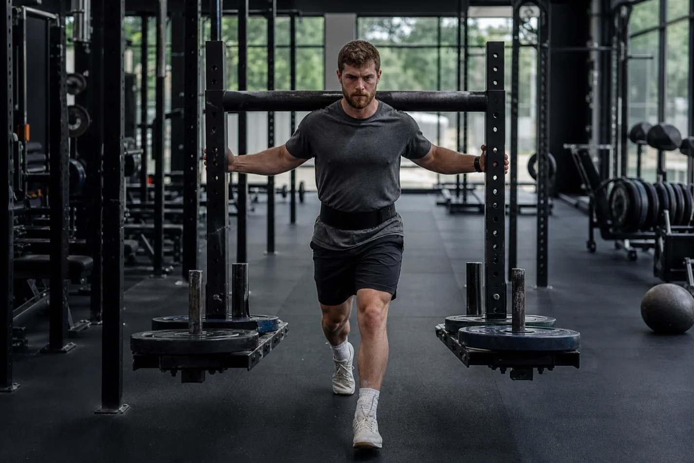 CrossFit athlete carrying a heavy yoke frame with a braced torso
