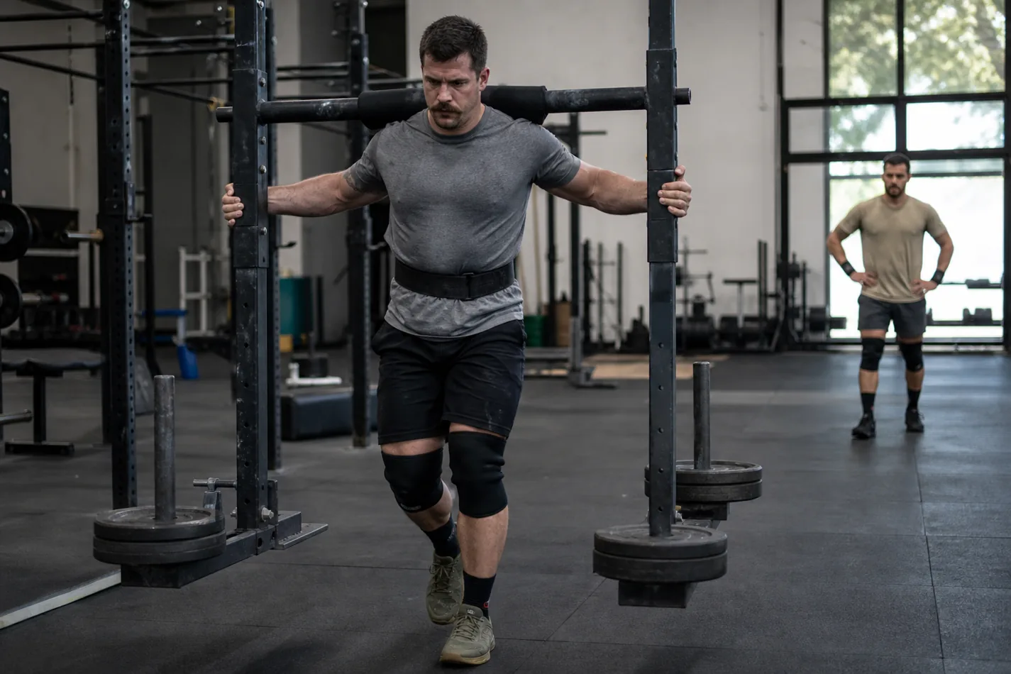 CrossFit athlete walking a yoke carry with short controlled steps
