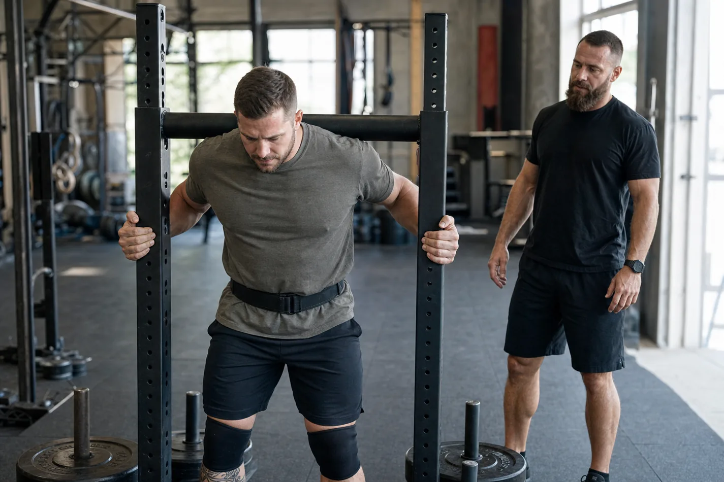 CrossFit athlete setting up under a yoke carry frame with a braced torso