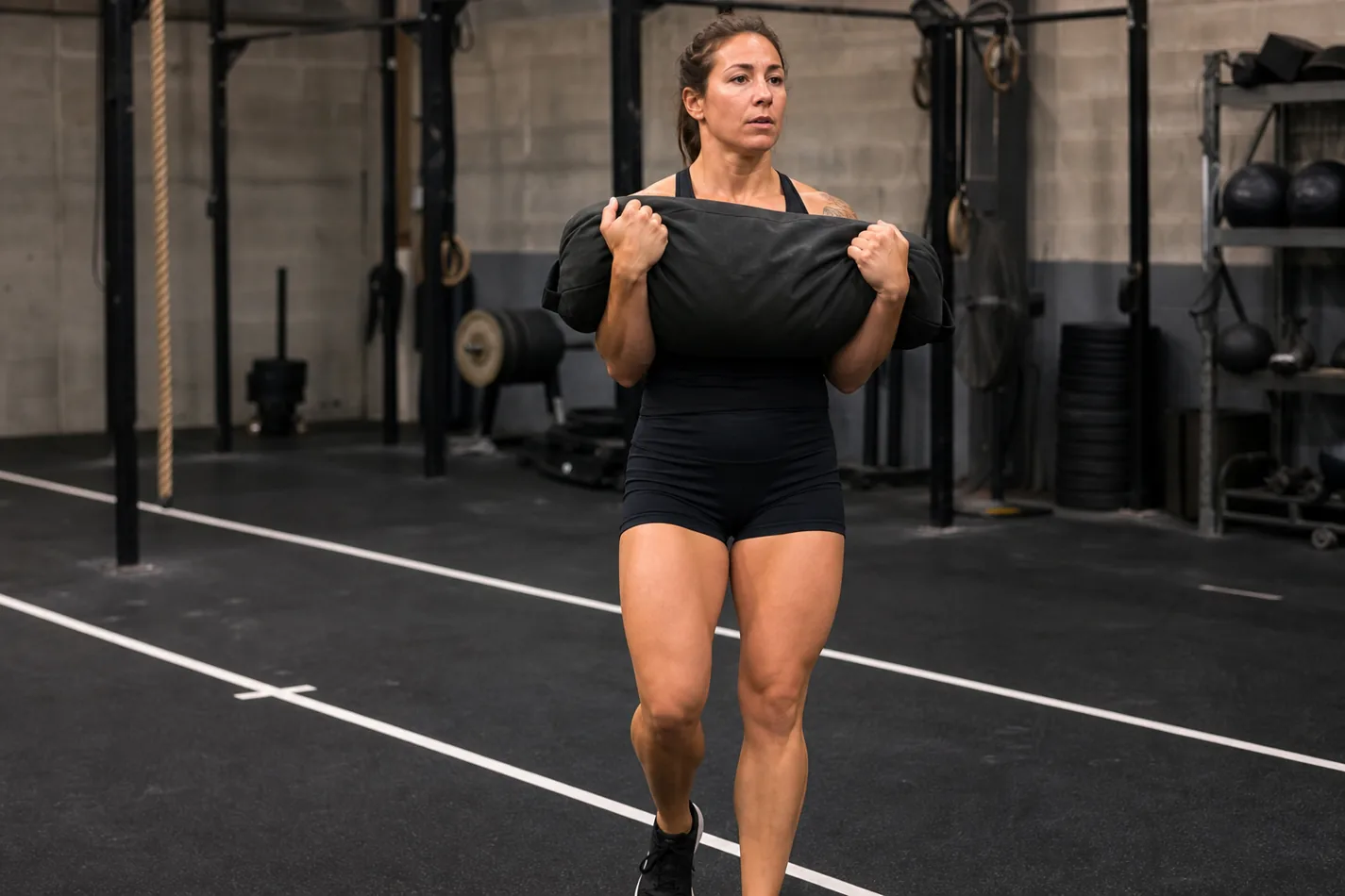 CrossFit athlete walking with a sandbag held in a Zercher carry position