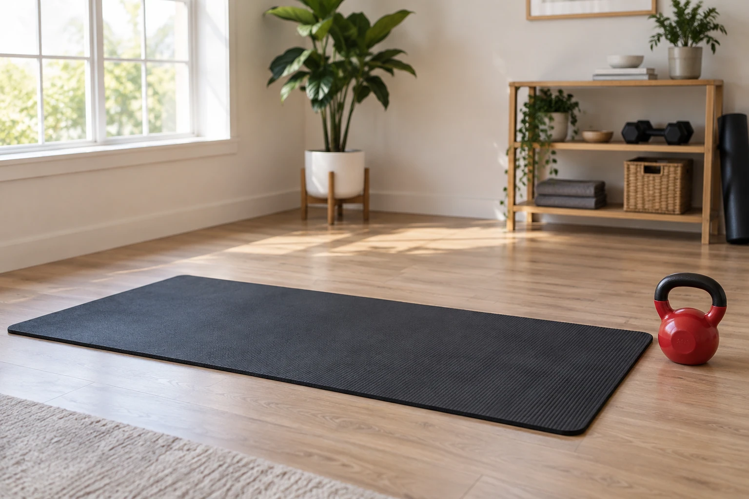 Black exercise mat on wooden floor with red kettlebell and houseplants
