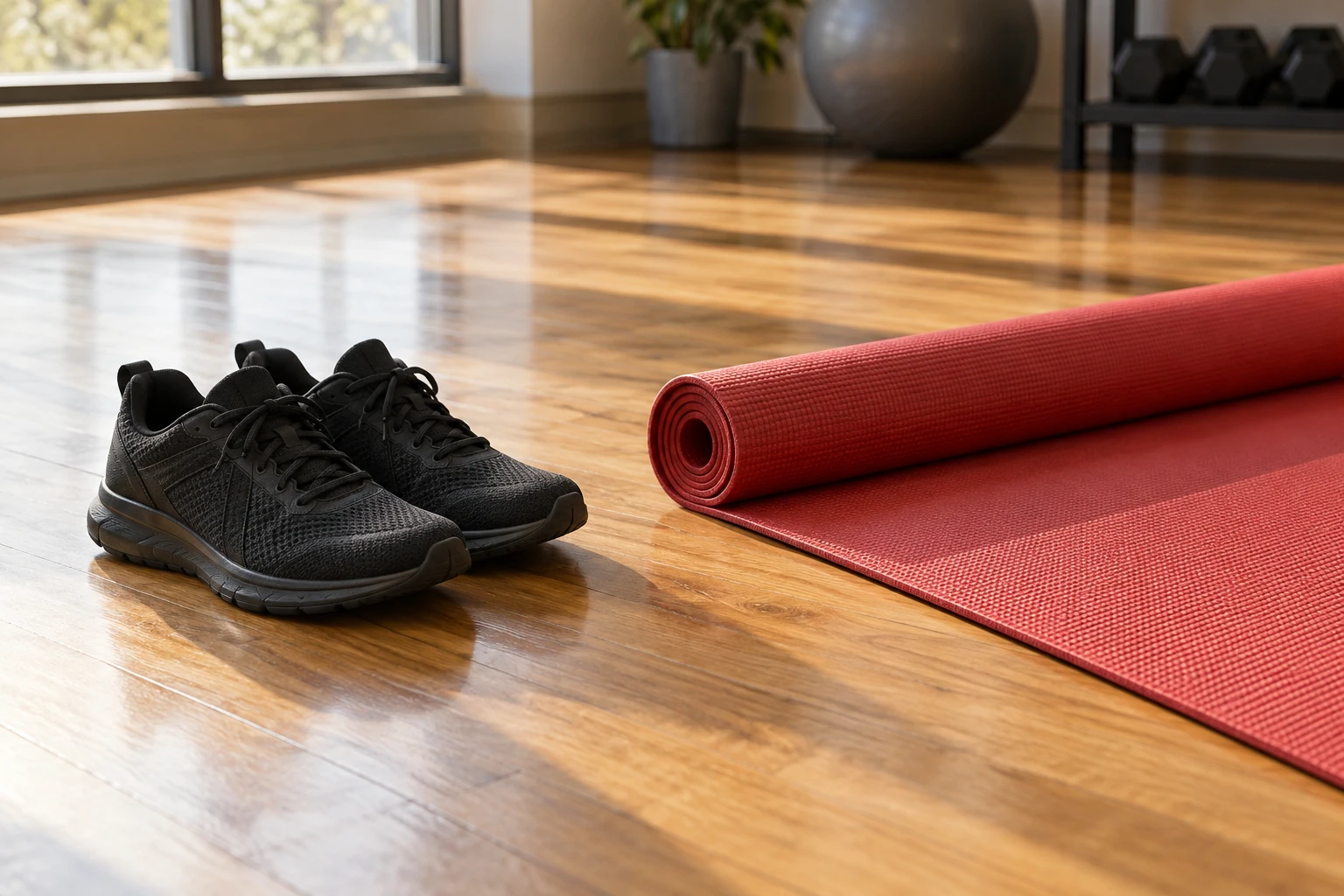 Black running shoes beside a rolled red yoga mat on wooden floor