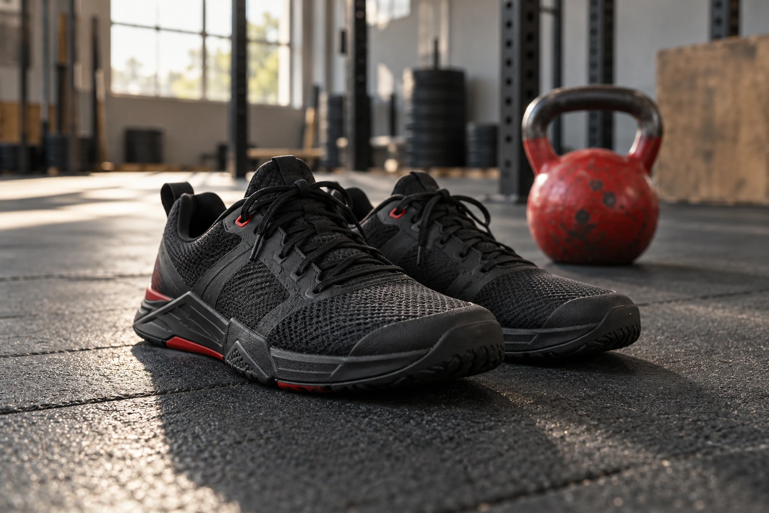 Black cross-training shoes on gym floor with red kettlebell in background