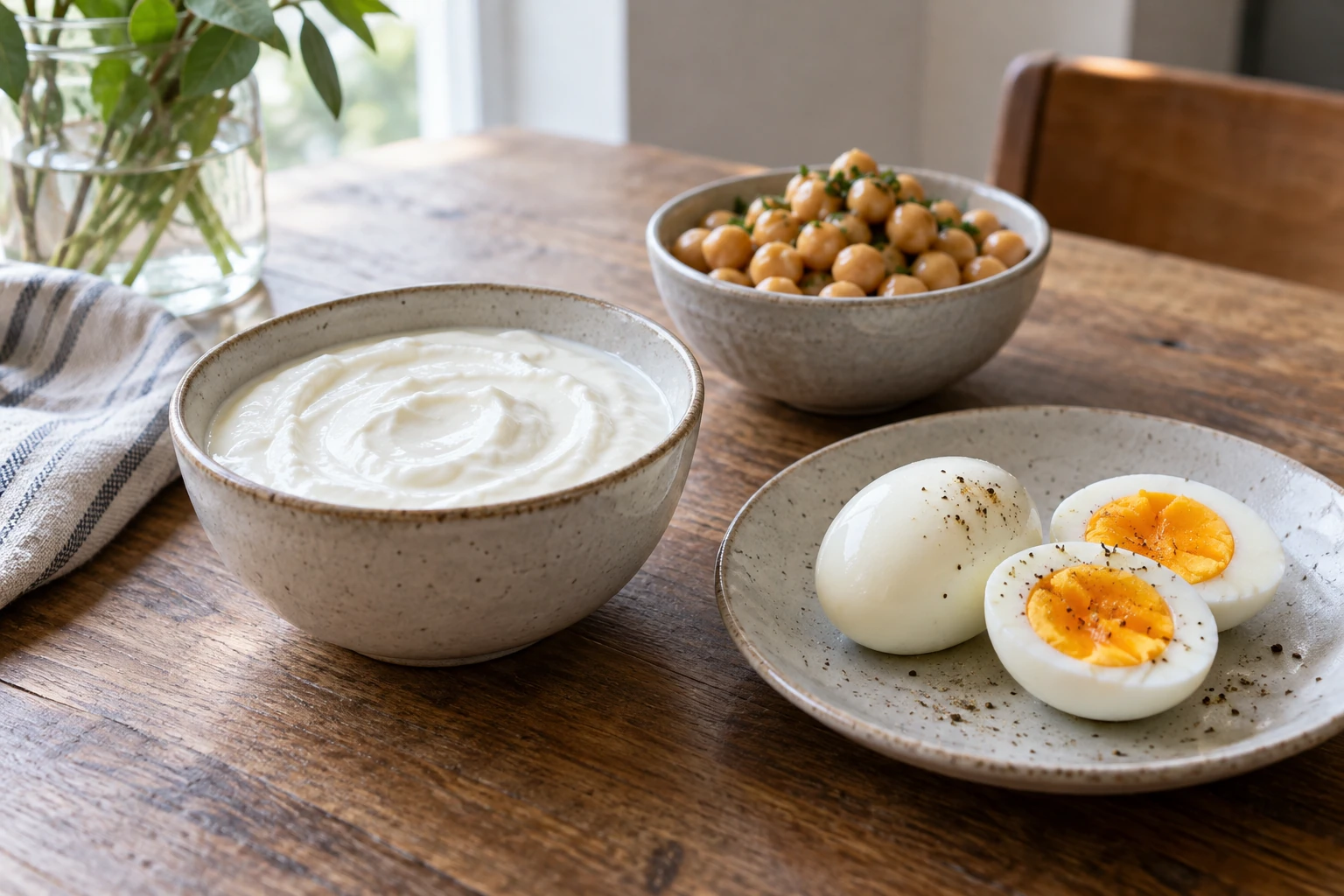 Bowl of Greek yogurt, chickpeas, and seasoned hard boiled eggs on wooden table