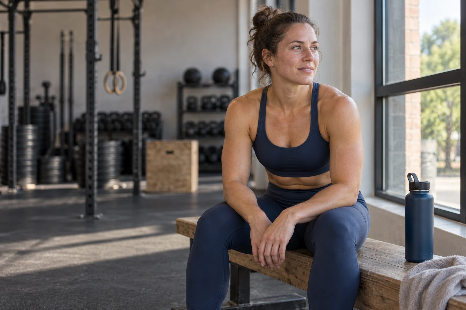 Woman in sports bra and leggings resting on gym bench beside water bottle
